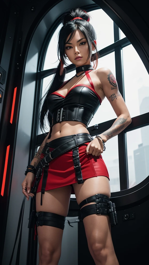 Pitite tan woman, long raven black hair with vibrant red highlights tied up into a ponytail, tribal tattoos, tight corset top and mini skirt, lazer pistols strapped to both thighs just below the hem of her mini skirt, on a space ship, standing in front of a circular bay window, dark start view from the window