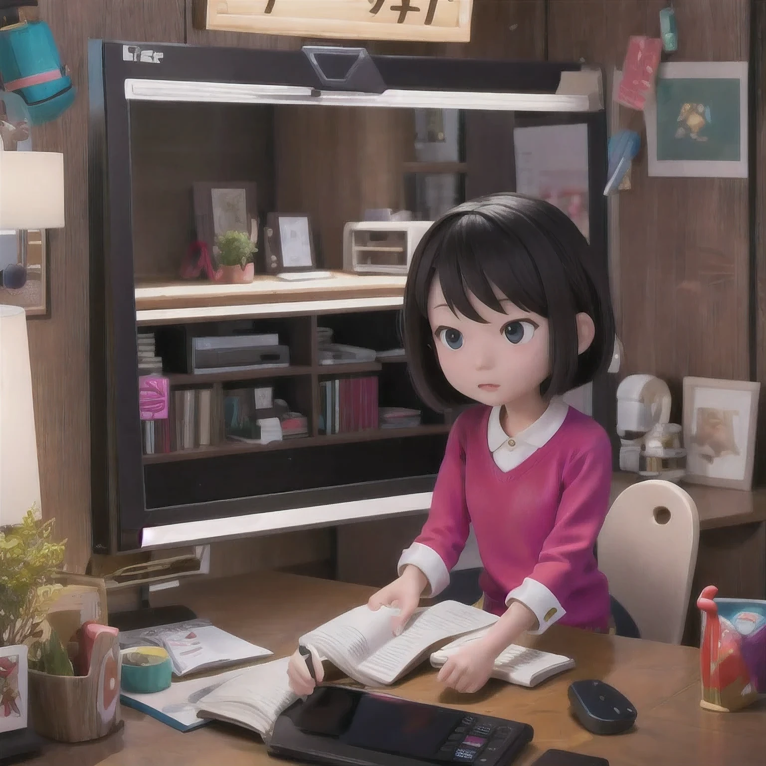 rafed  asian girl in a sweater looking at a computer screen, screenshot from a movie, the hime cut, still from a live action movie, lofi girl, highlight scene of the movie, still from a movie, still frame from a movie, lofi girl aesthetic, with short hair, still from the movie, lofi, scene from live action movie