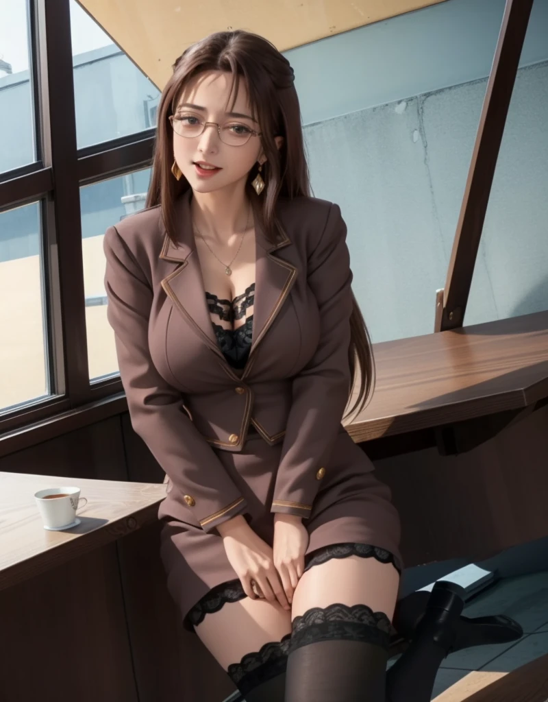 (high quality:1.1), Cinema Lighting, Highly detailed, blooming,
Izumi, Mature Woman, teacher, A girl, alone, Sitting at a table, window, Cowboy Shot,
Look at your audience, beautiful eyes, charming smile, blush, Open your mouth,
Light brown hair, long straight hair, Hair lift, Single hair swallow, Big eyes, Green eyes, compensation, Glasses, jewelry, Earrings,
Skirt Suit, (black knee socks:1.1), underwear,
Big Breasts, Cleavage, Thighs, Long Legs, Underwear
Complicated and intricate room background, Day, Day光, Cityscape,
