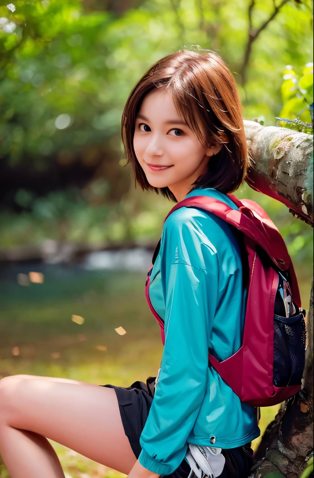 Highest quality, (Large backpack:1.3), One beautiful woman, (Sitting on a fallen tree:1.3), ((masterpiece, Highest quality, High resolution)), 1 Girl, smile, (Realistic: 1.4), (Great face and eyes:1.2), , short hair, (Beautiful Hair:1.5), Climbing Wear, The background is Yakushima, Side angle, (Skinny body type:1.3), (Flat Chest:1.3), (Mountain climbing style:1.3), (Shooting from the side:1.3), Smooth, Highly detailed CG composite 8K wallpaper, High resolution RAW color photos, Professional photography, Light, BackLight, dream-like, impressive, Written boundary depth