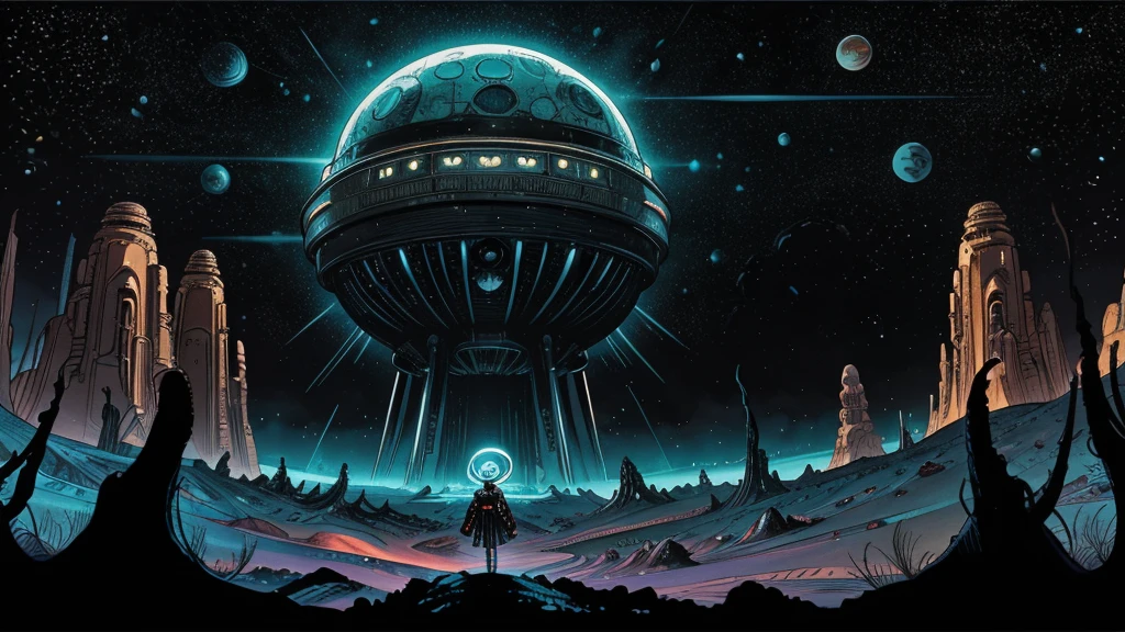 Create a dazzling alien world in the style of 1950s-70s comic book art. Use bold outlines, halftone patterns, and exaggerated perspective. Employ intense, saturated colors reminiscent of vintage four-color printing. Choose ONE of these elements:
-A gleaming futuristic city with impossible architecture and flying vehicles
-Bizarre, tentacled monsters with multiple eyes and otherworldly appendages
-A desolate, crater-filled landscape with twin moons in the sky
-Retro space girls in sleek silver suits and bubble helmets
-A massive, ring-shaped space station orbiting a technicolor planet
-Crystal formations and alien plant life in neon hues
Maintain a psychedelic, otherworldly atmosphere with swirling, colorful skies and strange celestial bodies. Emphasize the contrast between light and shadow to create a dramatic, pulp sci-fi feel.
