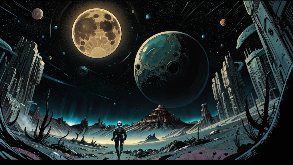 Create a dazzling alien world in the style of 1950s-70s comic book art. Use bold outlines, halftone patterns, and exaggerated perspective. Employ intense, saturated colors reminiscent of vintage four-color printing. Choose ONE of these elements:
-A gleaming futuristic city with impossible architecture and flying vehicles
-Bizarre, tentacled monsters with multiple eyes and otherworldly appendages
-A desolate, crater-filled landscape with twin moons in the sky
-Retro space girls in sleek silver suits and bubble helmets
-A massive, ring-shaped space station orbiting a technicolor planet
-Crystal formations and alien plant life in neon hues
Maintain a psychedelic, otherworldly atmosphere with swirling, colorful skies and strange celestial bodies. Emphasize the contrast between light and shadow to create a dramatic, pulp sci-fi feel.