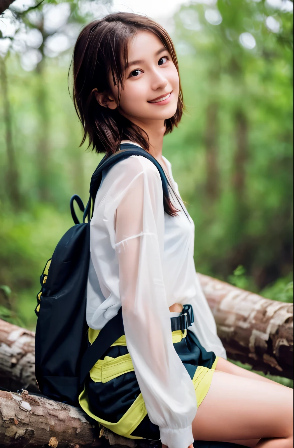 Highest quality, (Large backpack:1.3), One beautiful woman, (Sitting on a fallen tree:1.3), ((masterpiece, Highest quality, High resolution)), 1 Girl, smile, (Realistic: 1.4), (Great face and eyes:1.2), ************, short hair, (Beautiful Hair:1.5), Climbing Wear, The background is Yakushima, Side angle, (Skinny body type:1.3), (Flat Chest:1.3), (Mountain climbing style:1.3), (Shooting from the side:1.3), Smooth, Highly detailed CG composite 8K wallpaper, High resolution RAW color photos, Professional photography, Light, BackLight, dream-like, impressive, Written boundary depth