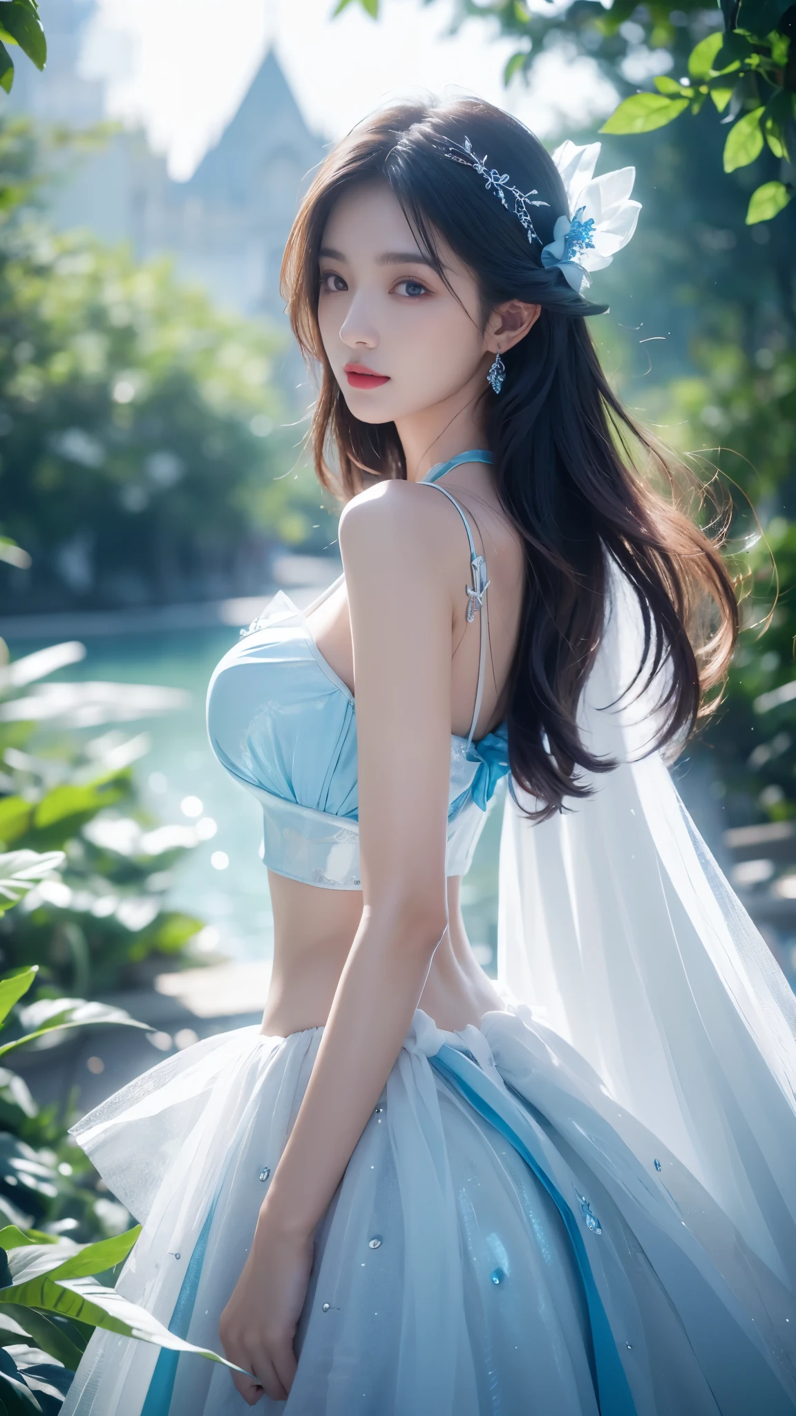((Girl standing in front of the wall of an old castle))、Fluorescent color、1 Girl、Look to the side、Beautiful Face、Beautiful Eyes、(Off the shoulder:1.2)、Upper Body、Shiny Hair、Glowing Skin、 Reduce glare、Adjusted finger proportions、escrow、ass pov、Dynamic Angle、(((Master Parts)))、(((Highest quality)))、(((Super-detailed))) detailed)、(An illustration)、(detailedな光)、(Very delicate and beautiful)、dramatic_Shadow、Ray_Tracking、reflection、 Ultra-high resolution、((Colorful and black hair mesh girls))、 Her hair flutters in the wind、(big deep blue eyes)、Black-haired woman、 Sparkling butterfly、Black-haired woman、Points of light around the woman、Magical Aura、Green dot、About Auras Nature、超Magical AuraBlack-haired woman,((Off the shoulderの半透明の白いドレス:1.3))、(Sleeveless)、((My skirt is flying up in the wind)),((An old European castle looms in the distance)),((White panties are visible)),