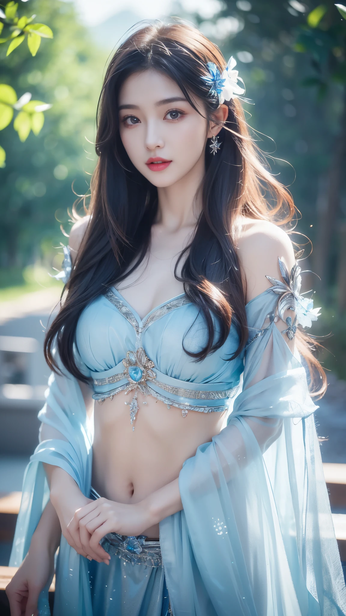 4K, UHD, masterpeice, 1 girl, good face, very long hair, ((white skin)), fairytale clothing, blue clothing, bare waist, fujicolor, depth of field, ray tracing, ultra realistic detailes,