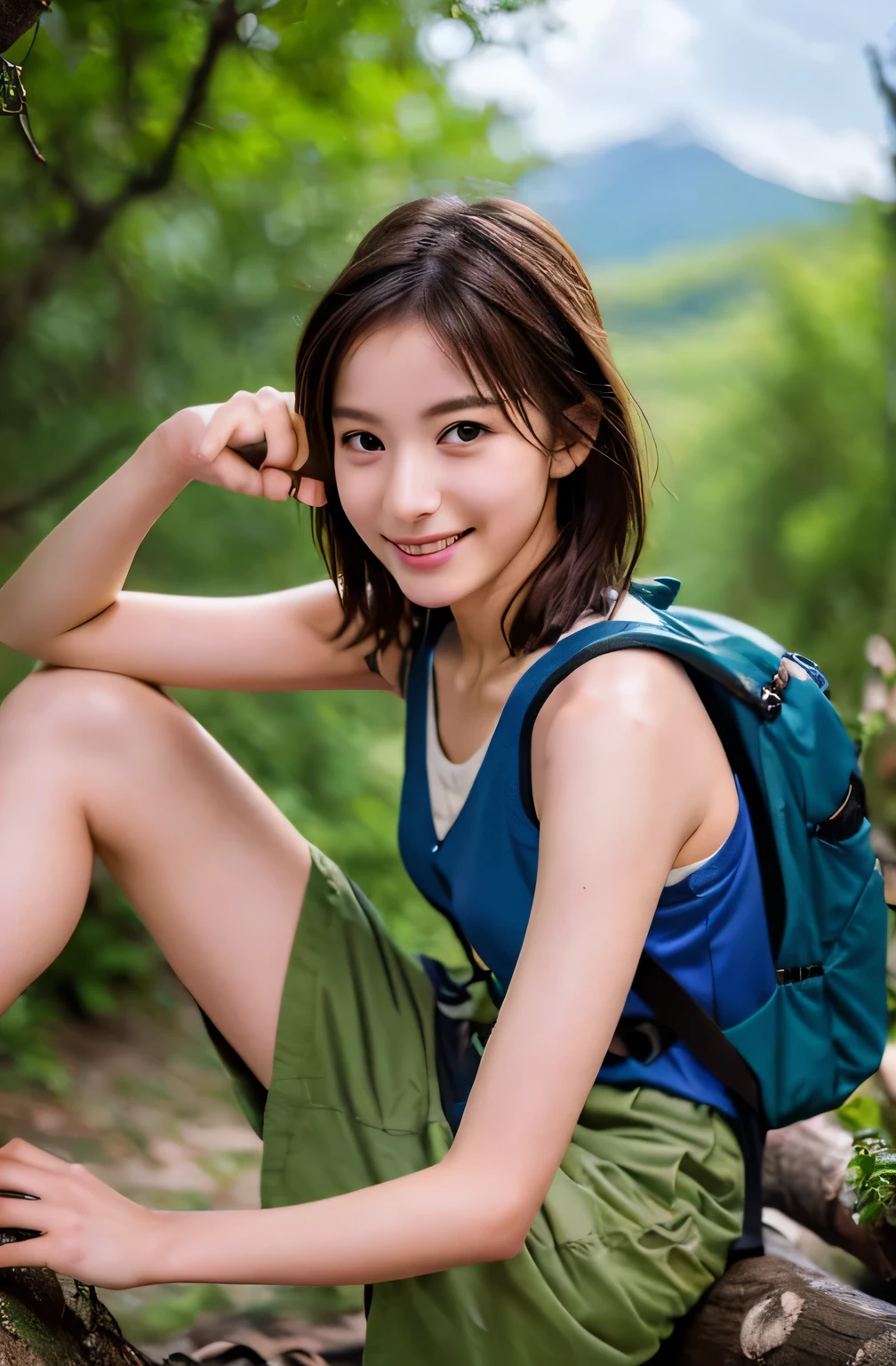 Highest quality, (Large backpack:1.3), One beautiful woman, (Sitting on a fallen tree:1.3), ((masterpiece, Highest quality, High resolution)), 1 Girl, smile, (Realistic: 1.4), (Great face and eyes:1.2), ************, short hair, (Beautiful Hair:1.5), Climbing Wear, The background is Yakushima, Side angle, (Skinny body type:1.3), (Flat Chest:1.3), (Mountain climbing style:1.3), (Shooting from the side:1.3), Smooth, Highly detailed CG composite 8K wallpaper, High resolution RAW color photos, Professional photography, Light, BackLight, dream-like, impressive, Written boundary depth