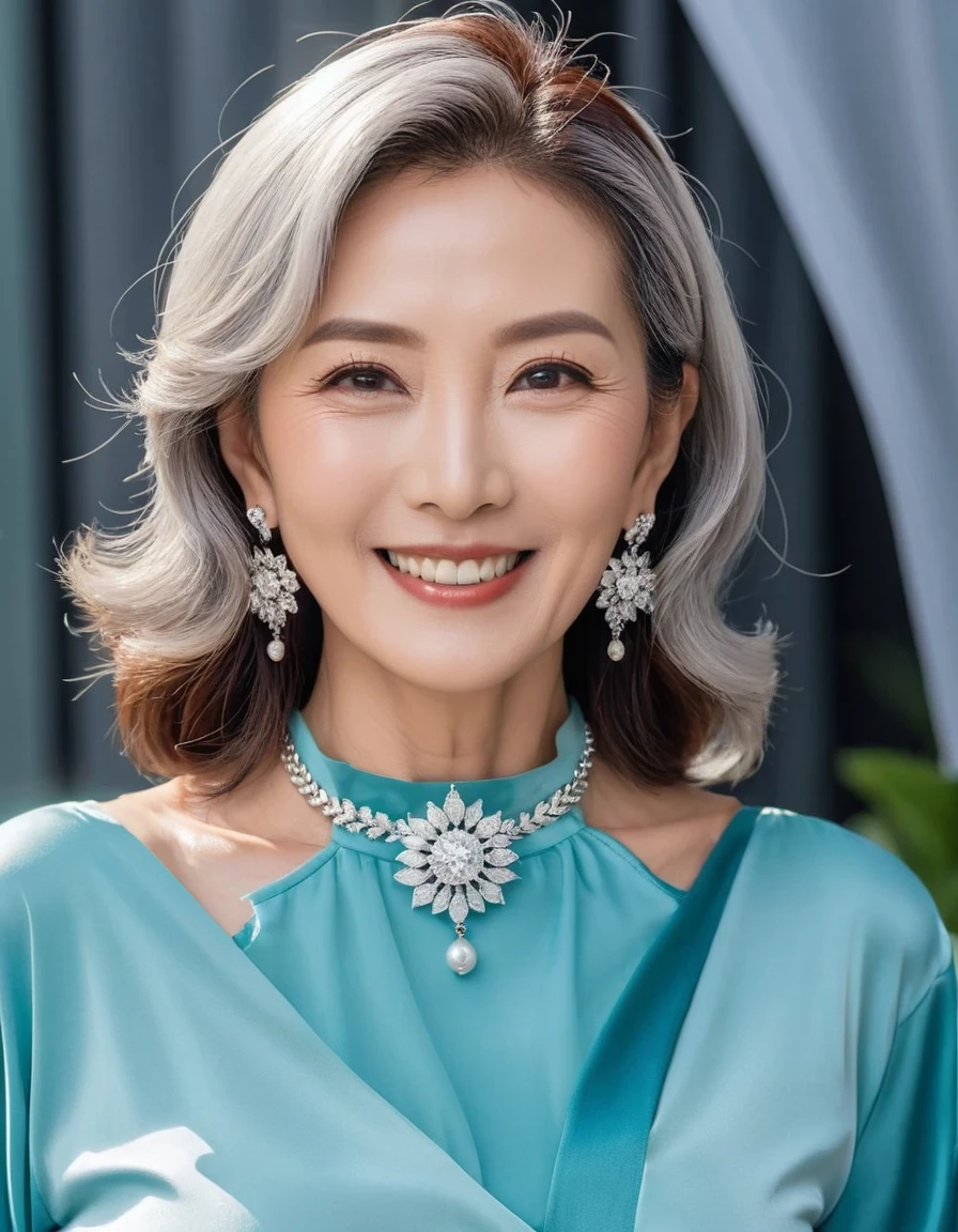 75 years old　mom　milf　Korean, Lady　large earring　Big choker　navel piercing decoration　A bracelet　Silver Hair　realisitic　Gorgeous Madame Beautiful Mature Woman　sexly　Smile　Gentle woman navel piercing　４K　High quality heavy chest　Gorgeous Madame Beautiful Mature Woman　illumination　Shoulder