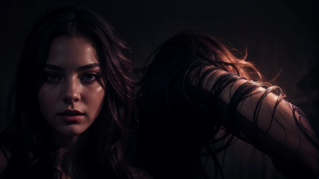 a sensual girl in a dark, otherworldly space, erotic and mysterious, detailed face, long eyelashes, full lips, flowing hair, glowing skin, provocative pose, surreal atmosphere, dramatic lighting, moody colors, cinematic composition, hyper realistic, 8k, masterpiece