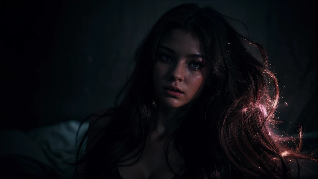 a sensual girl in a dark, otherworldly space, erotic and mysterious, detailed face, long eyelashes, full lips, flowing hair, glowing skin, provocative pose, surreal atmosphere, dramatic lighting, moody colors, cinematic composition, hyper realistic, 8k, masterpiece