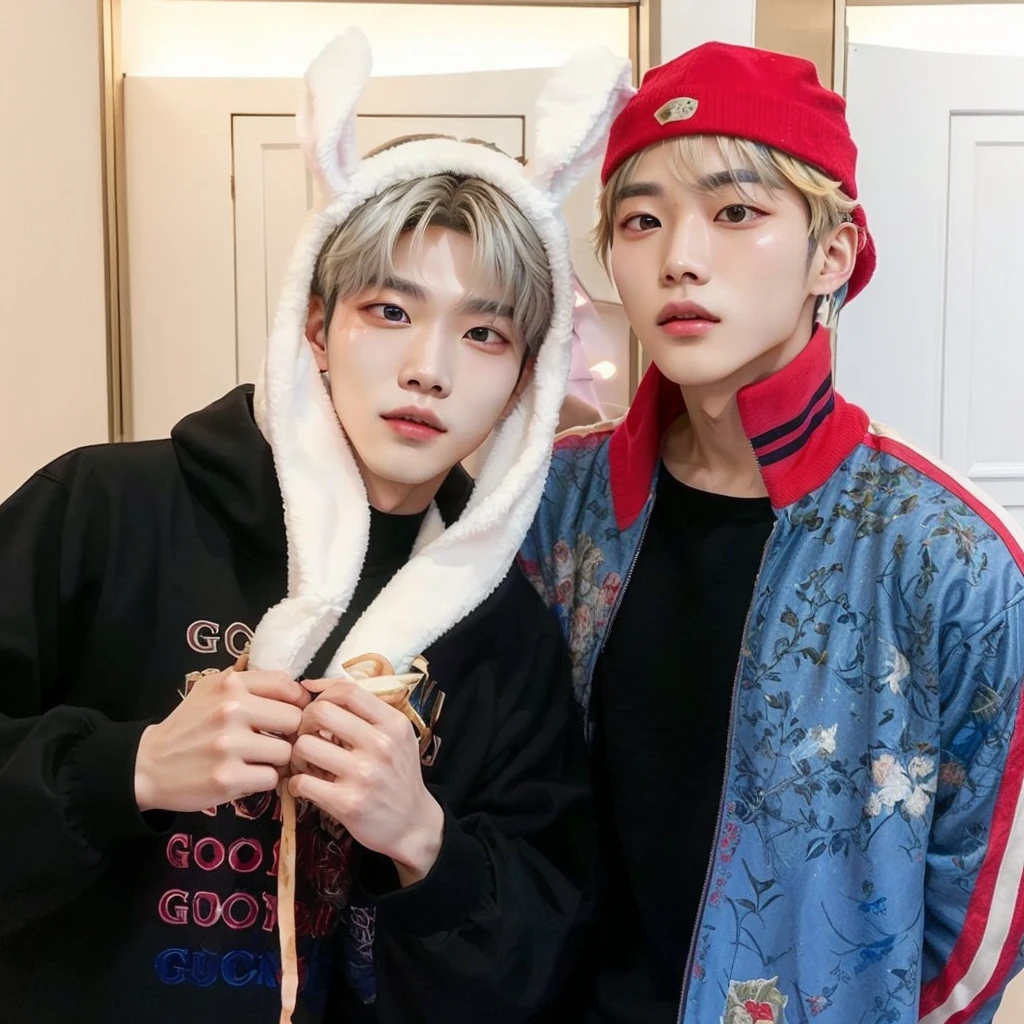 there are two people posing for a photo together, cai xukun, nixeu e sakimichan, all from the group nct, They are close to each other, BTS, with big rabbit ears, with bunny ears, Taehyung eating Gucci fries, & Jeehyung Lee & WLOP, Hsiao-ron, Kim Doyoung