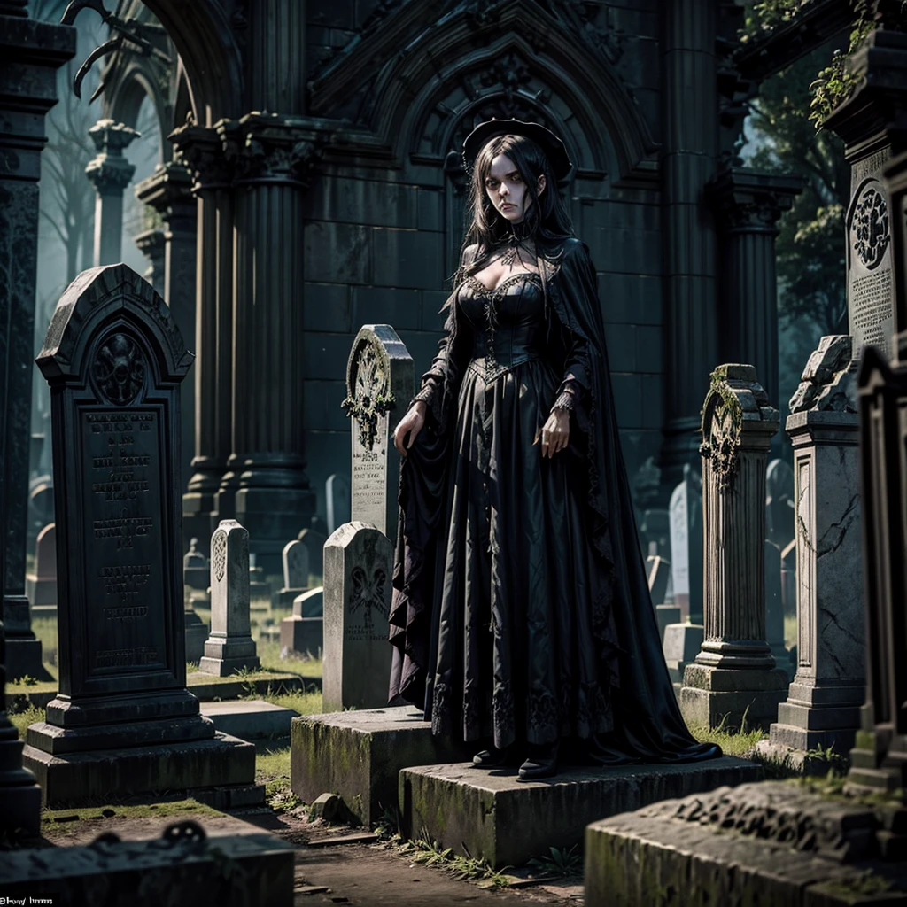 An undead girl emerges from the ground of a gothic cemetery tombstone, in the background other tombstones with sinister and demonic figures
