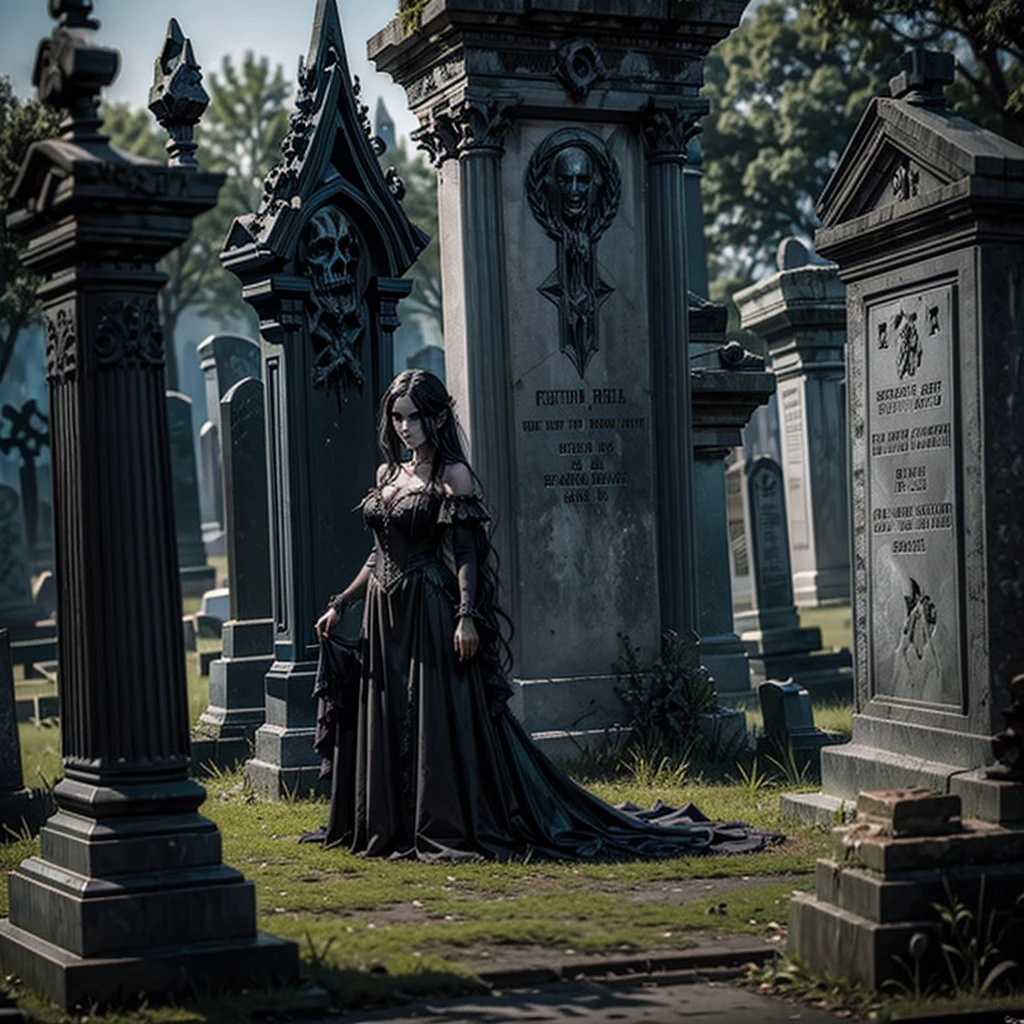 An undead girl emerges from the ground of a gothic cemetery tombstone, in the background other tombstones with sinister and demonic figures