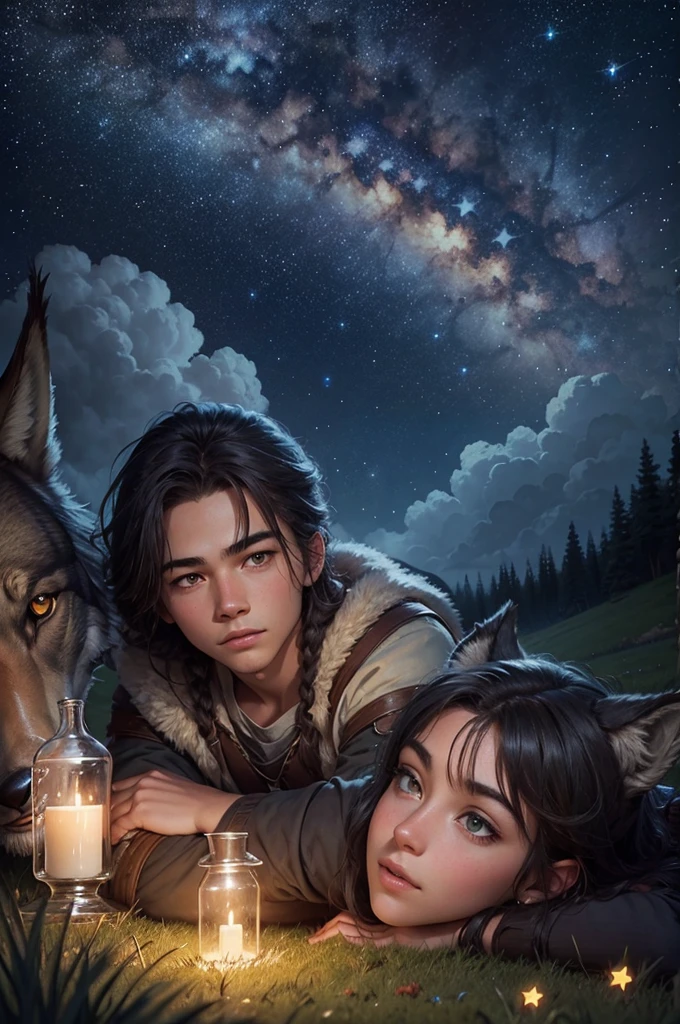 Starry sky over a beautiful meadow and a young adventurer lying next to his giant wolf while watching the stars