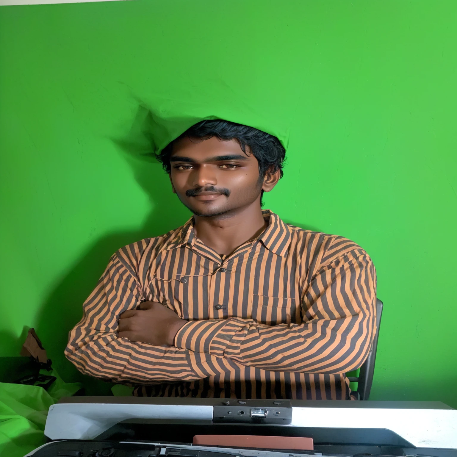 there is a man sitting at a desk with a camera, jayison devadas, taken with sony alpha 9, around 20 years old, journalist photo, portrait shot 8 k, portait image, indian, very very low quality picture, with accurate face, riyahd cassiem, mohamed chahin, full body picture, full body in camera