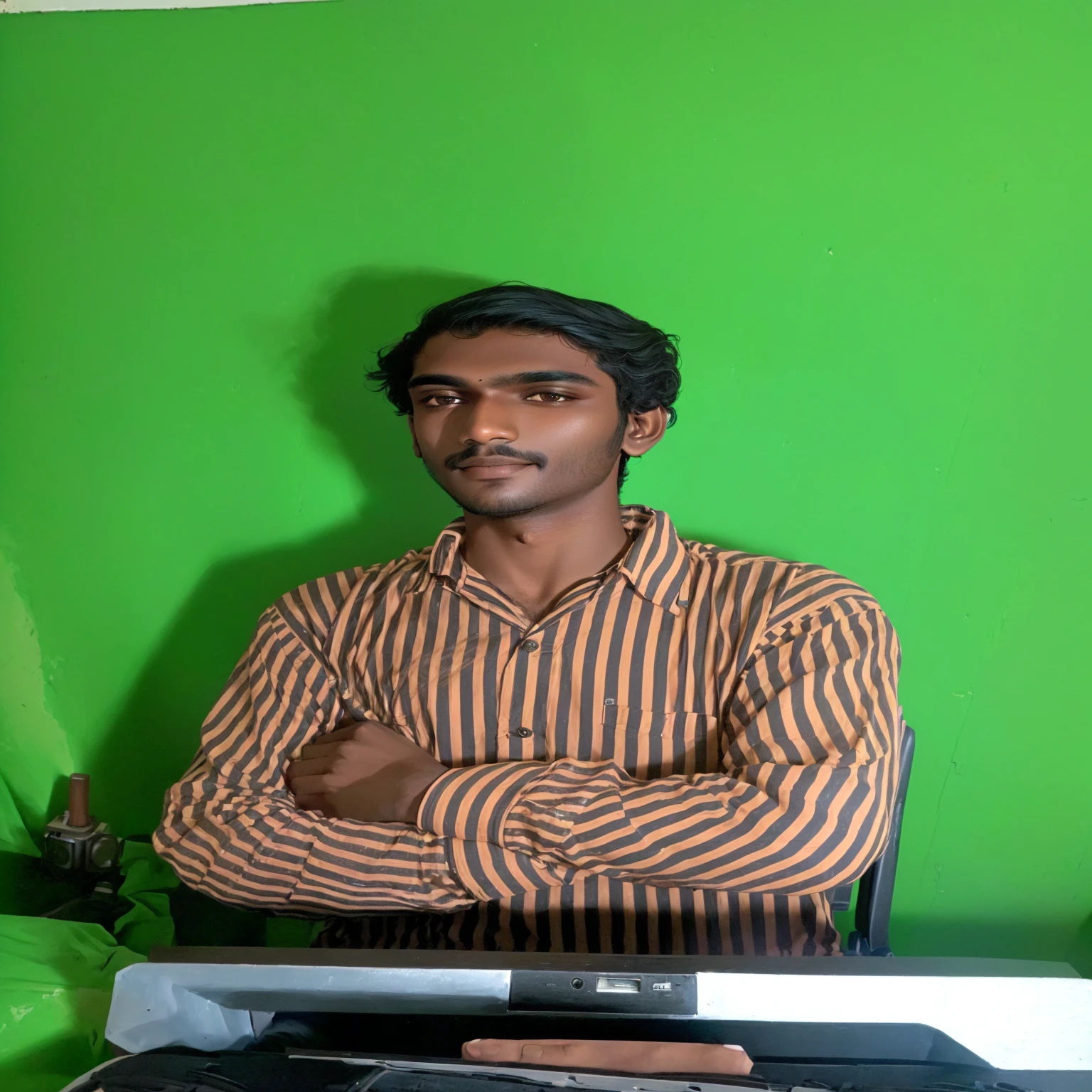 there is a man sitting at a desk with a camera, jayison devadas, taken with sony alpha 9, around 20 years old, journalist photo, portrait shot 8 k, portait image, indian, very very low quality picture, with accurate face, riyahd cassiem, mohamed chahin, full body picture, full body in camera