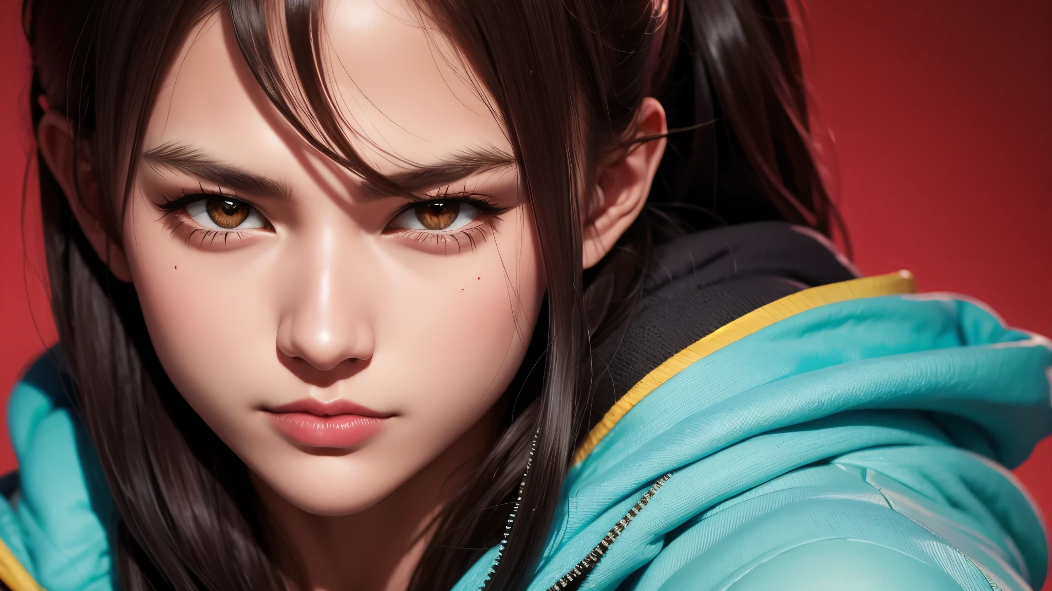 Immerse yourself in the world of game art with this visually diverse and creative half-length photo of a 20-year-old girl, featuring a close-up of her detailed eyes and large breasts.