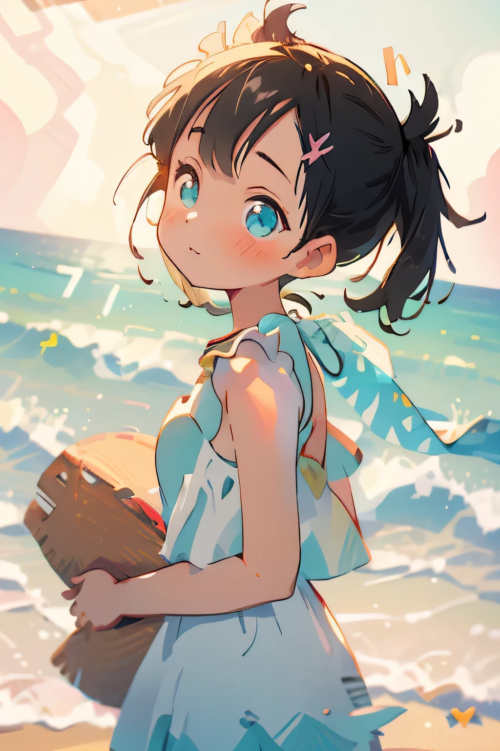 (masterpiece), (best quality), ultra high res, sharp focus, warm pastel tone, ((1 girl, solo)), upper body, side profile shot beautiful detailed hair, ((black hair)), (2 pink ribowns on the hair), beautiful detailed face, ((beautiful shape eyes, Turquoise eyes)), perfect feminine face, head up, looks up, surprise face, ((blush)), (marnie pokemon), (ponytails), ((assymmetrical bangs)), ((summer)), ((beach)), (marnie), (blushing), (summer dress), (light dress), (sleeveless dress)