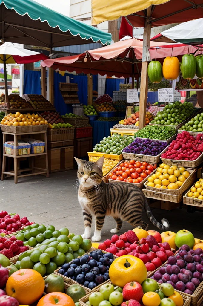 Setting: The marketplace, filled with stalls selling fruits and vegetables.
Action: curious tabby cat Whiskers sneaks out of the house and ventures into the marketplace. She explores the colorful displays of fruits.