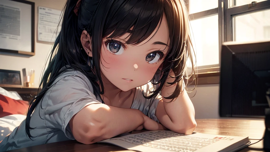 a lo-fi girl sitting at a desk, headphones on,studying music theory, smooth hip hop beats playing in the background, film grain, cozy bedroom, warm lighting, muted colors, subtle details, (best quality,4k,8k,highres,masterpiece:1.2),ultra-detailed,(realistic,photorealistic,photo-realistic:1.37),intricate details,soft focus,warm tones,moody atmosphere,film grain,depth of field