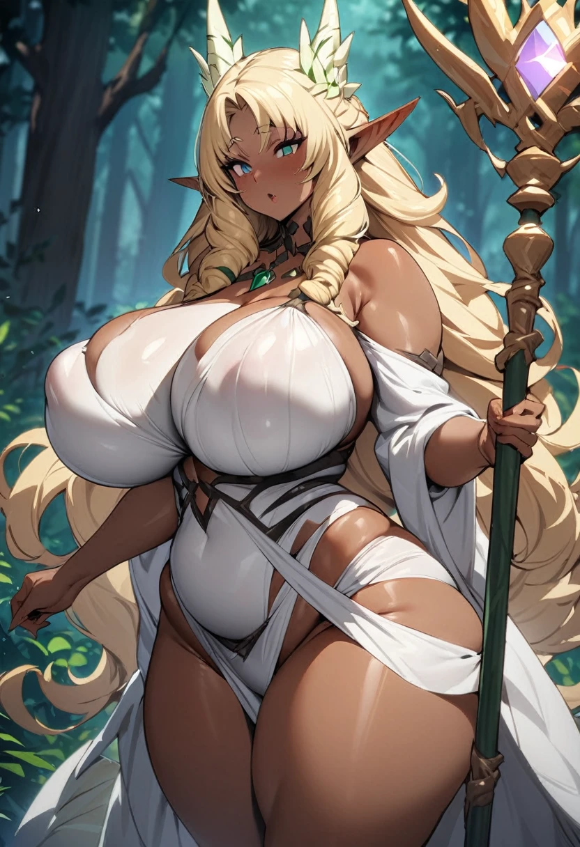 masterpiece, best quality, 1 female has very dark skin, adult, tall, plump, in a magical forest, elf girl, mighty plump female sorceress, forest hunter lady, elf queen, she is holding a long staff, blonde curly hair, long braid, hair, huge ample breast, saggy,