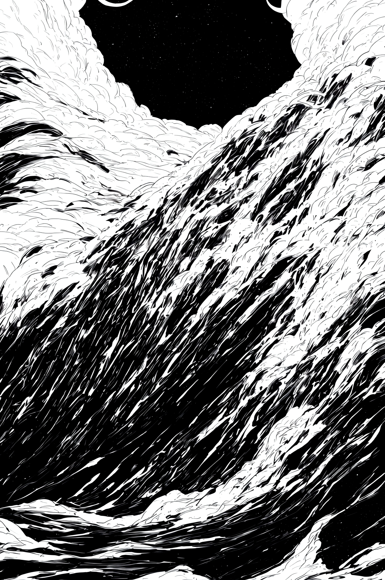  Alien Cyclones and Mountains, Cloud band entanglement，Black sky，White and black (high quality)Excellent copperplate engraving art，Award-winning works