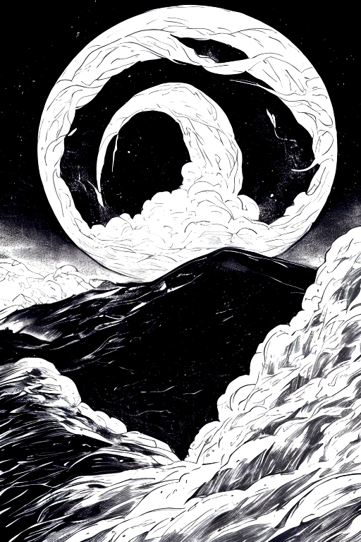 Alien Cyclones and Mountains, Cloud band entanglement,Black sky,White and black (high quality)Excellent copperplate engraving art,Award-winning works