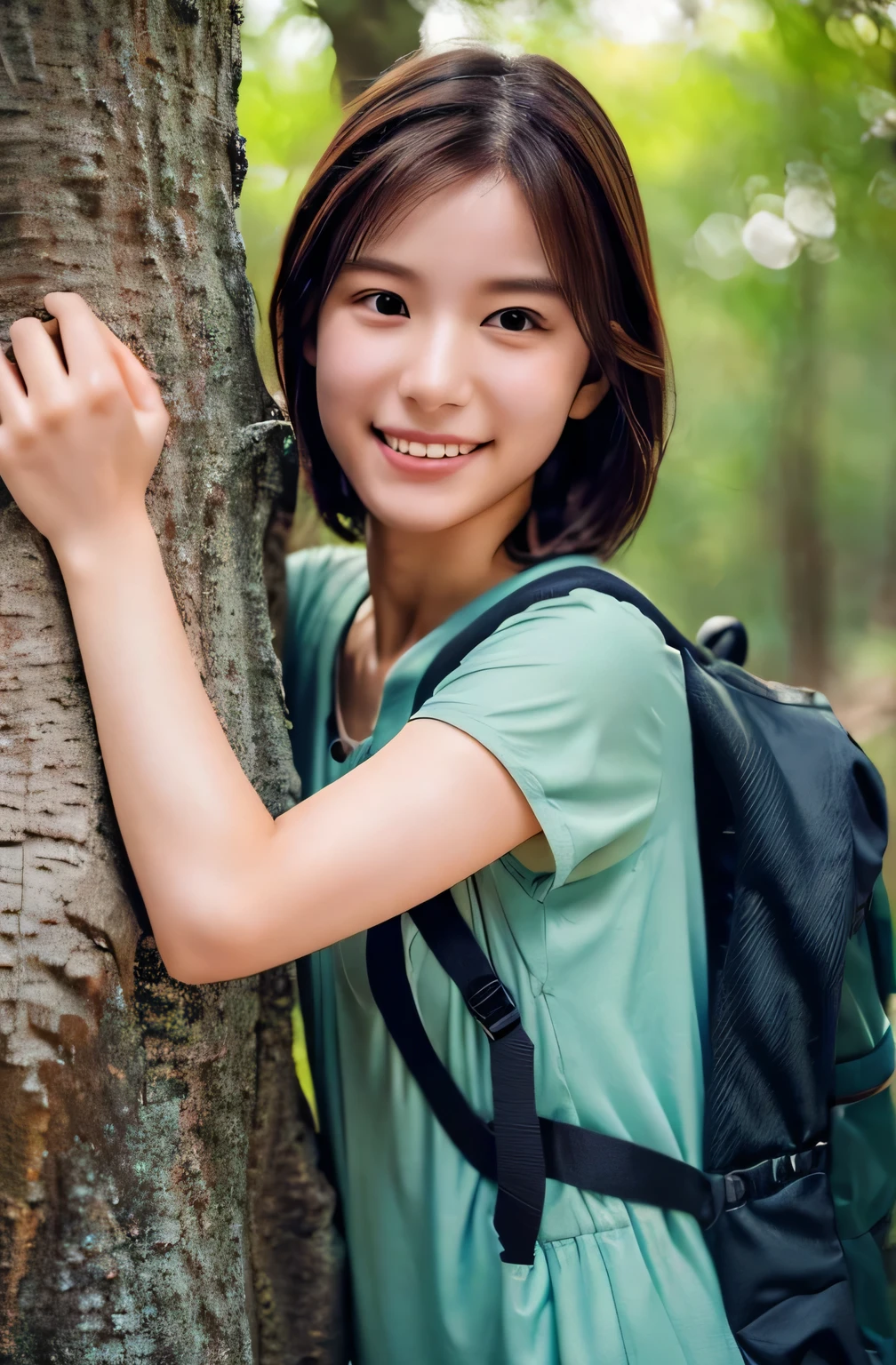 Highest quality, (Large backpack:1.3), One beautiful woman, (Touching a big tree:1.3), ((masterpiece, Highest quality, High resolution)), 1 Girl, smile, (Realistic: 1.4), (Great face and eyes:1.2), ************, short hair, (Beautiful Hair:1.5), Climbing Wear, The background is Yakushima, Side angle, (Skinny body type:1.3), (Flat Chest:1.3), (Mountain climbing style:1.3), (Face close-up:1.3), Smooth, Highly detailed CG composite 8K wallpaper, High resolution RAW color photos, Professional photography, Light, BackLight, dream-like, impressive, Written boundary depth