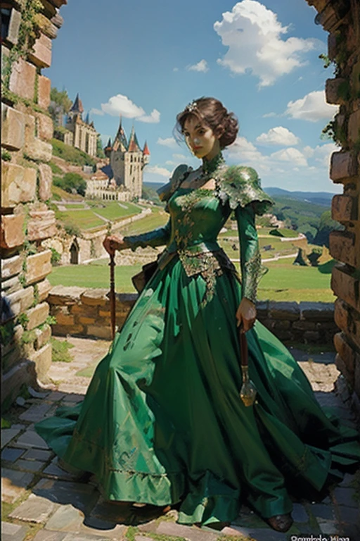 A princess facing a green giant dragon, she is wearing an elegant dress and wielding a big berserk. The setting is a castle.
