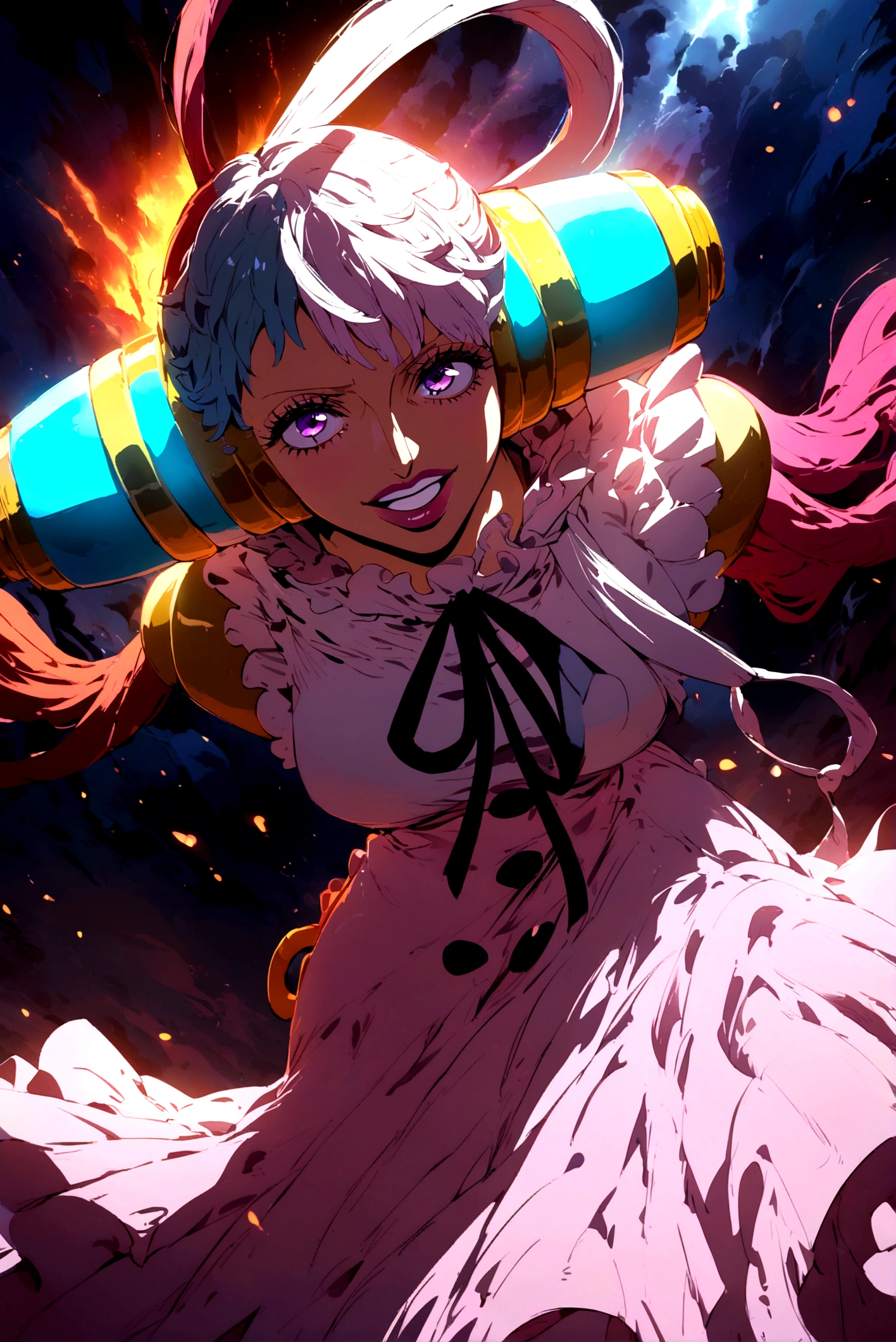 a beautiful girl singing, Uta from One Piece, detailed facial features, beautiful eyes, long eyelashes, perfect lips, expressive face, detailed hair, flowing dress, dramatic lighting, cinematic composition, vibrant colors, fantasy atmosphere, hyper-detailed,,, concept art style