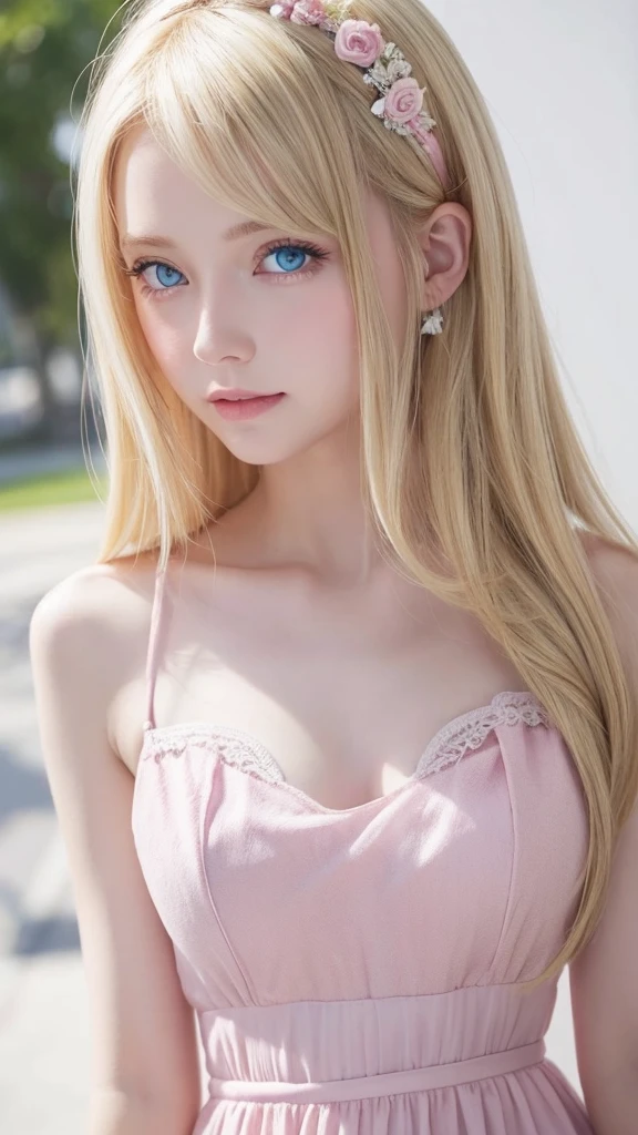 a with blond hair, blue eyes and white skin wearing a pink dress