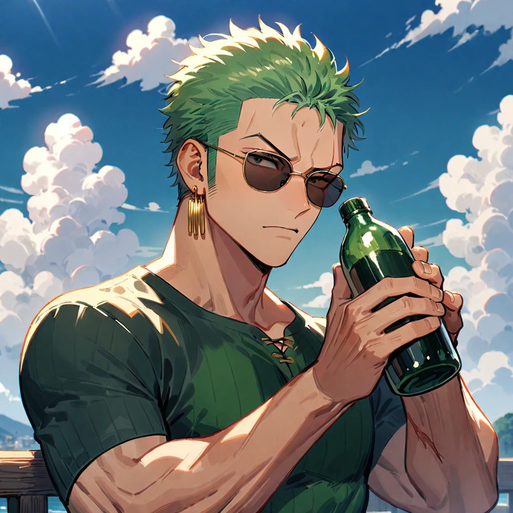 male focus, 1boy, roronoa zoro, solo, scar across eye, green hair, jewelry, earrings, short hair, scar, sunglasses, cloud, scar on face, sky, holding bottle, bottle, upper body, sideburns, shirt, holding, looking at viewer, ((medium quality)), ((medium quality))