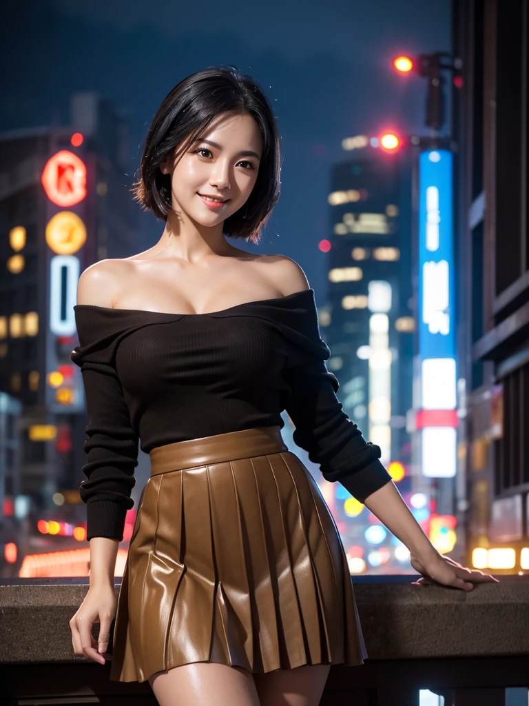 a very beautiful woman, outdoor selfie, photo-realistic, 4k, 8k, highres, masterpiece, ultra-detailed, realistic, photorealistic, skin with attention to detail, puffy eyes, lying silkworm, smile, clavicle, water, straight brown black hair, pure black pleated skirt, soft lighting, high quality, cityscape, skyline, night, rain, wet, professional lighting, photon mapping, radio city, physically based rendering