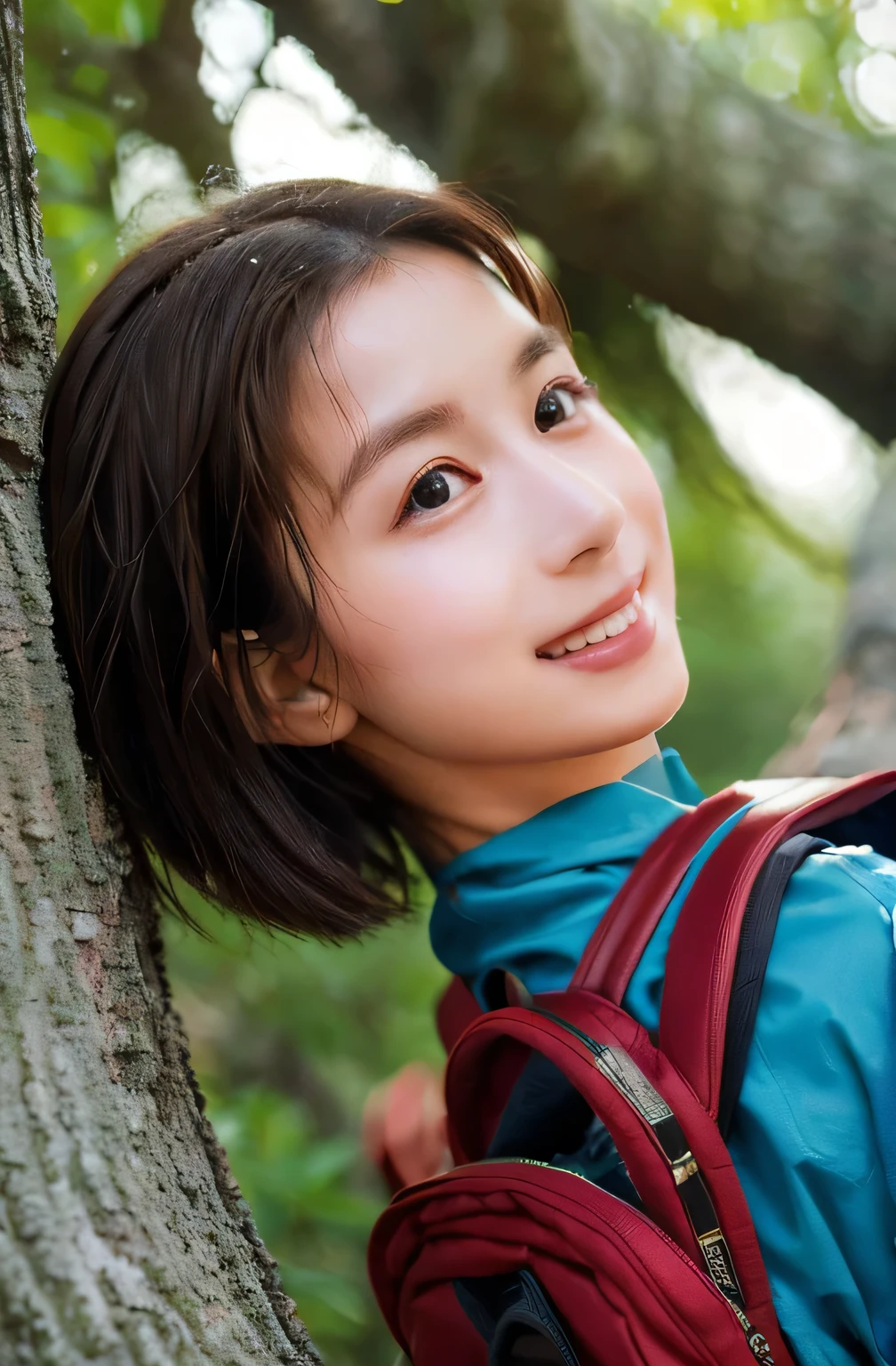 Highest quality, (Large backpack:1.3), One beautiful woman, (Touching a big tree:1.3), ((masterpiece, Highest quality, High resolution)), 1 Girl, smile, (Realistic: 1.4), (Great face and eyes:1.2), , short hair, (Beautiful Hair:1.5), Climbing Wear, The background is Yakushima, Side angle, (Skinny body type:1.3), (Flat Chest:1.3), (Mountain climbing style:1.3), (Face close-up:1.3), Smooth, Highly detailed CG composite 8K wallpaper, High resolution RAW color photos, Professional photography, Light, BackLight, dream-like, impressive, Written boundary depth