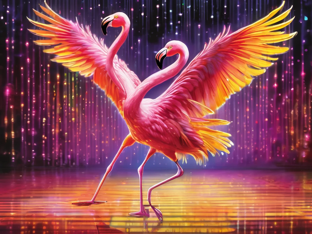 A gracefully twirling flamingo glides across the disco dance floor, dressed in shimmering metallic gold attire and adorned with sunglasses and a golden chain. Its wings spread wide, striking a balletic pose, all illuminated in the vibrant hues of a 60's discotheque. This captivating image, perhaps a vividly detailed painting, showcases the exquisite elegance of the flamingo's movements, perfectly blending retro glamour with avian grace. The intricate detailing and vivid colors make this a truly magnificent and visually arresting creation. digital illustration, best quality, 8k, highres, masterpiece, ultra-detailed, realistic, photorealistic, photo-realistic, HDR, vivid colors, studio lighting, professional, concept art, colorful, neon, glowing, dynamic, energetic, whimsical, surreal, magical, dreamlike