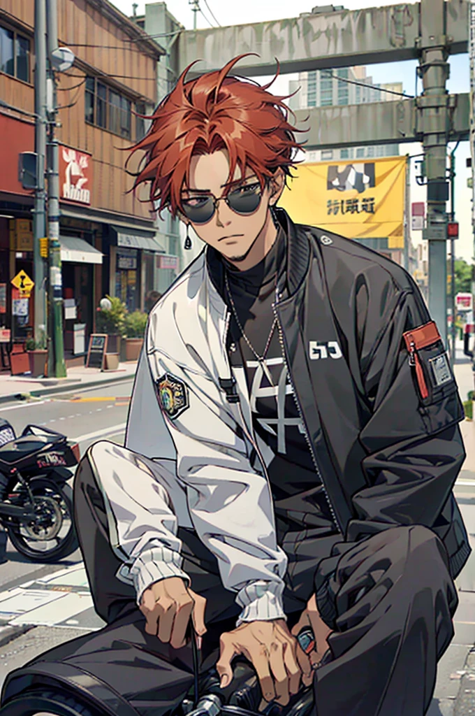 ((Work of art)), ((2000s anime style)), ((Very detailed)), ((4K)), 1 man, dark skin, American style hair, red hair color, has a goatee, wears earrings , wears round sunglasses, wearing a black car pilot's jacket, baggy black pants, baggy pants, sitting close to Motorcycle, looking at the screen, in a large tunnel.