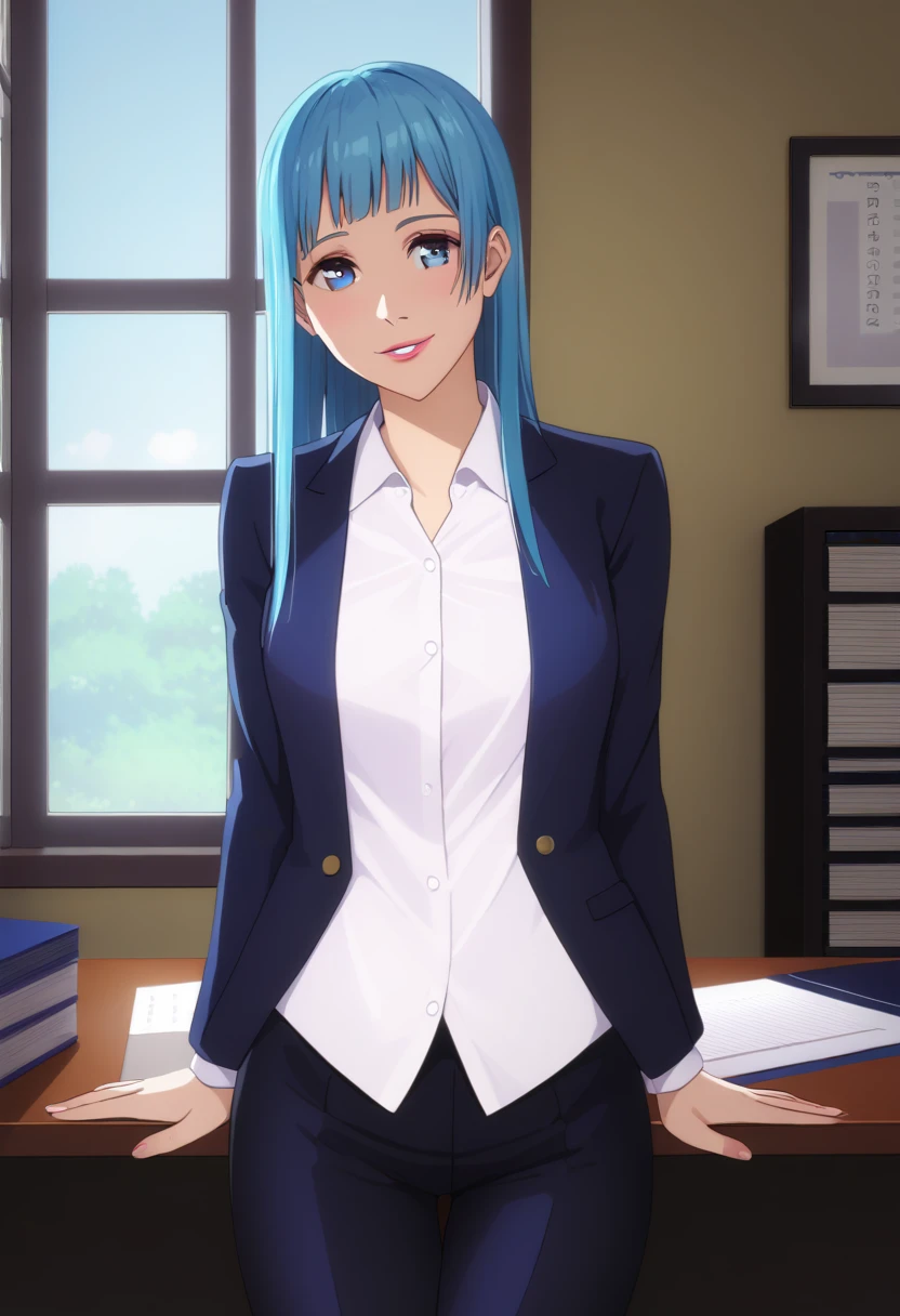 score_9_up, score_8_up, score_7_up, 1girl, solo, mature female, Miwa, (((long blue bang hair))), blue eyes, pink lips, parted lips, fit slim body, perfect medium erected breast, (((black blazer, white shirt, black pants))), (((higly detailed modern luxury office with panoramic windows))), looking at the viewer, perfect model body, shy smile, seductive pose