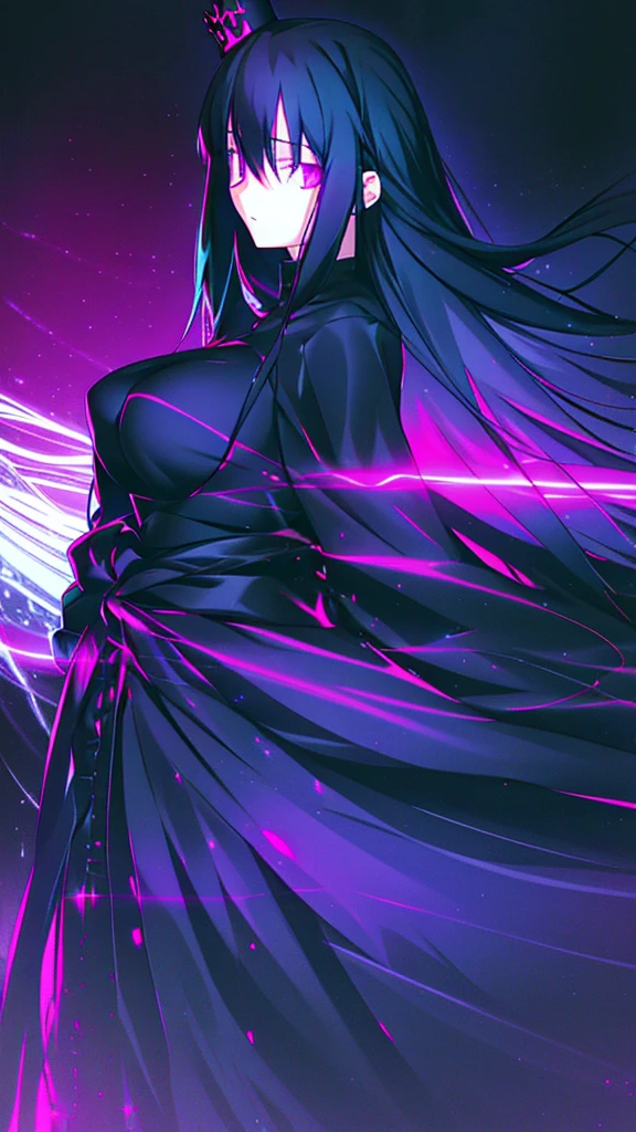 best quality, extremely detailed, anime style girl, long hair down to the waist, straight hair, dark black hair with bluish,crown braid,beautiful detailed eyes, pinched eyes, dark blue eyes, gradation eyes,huge breasts,((((black atmosphere)))),((Luxurious room)),((((cool)))),from side,sparkling eyes