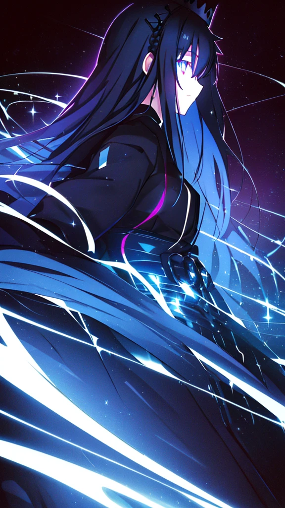 best quality, extremely detailed, anime style girl, long hair down to the waist, straight hair, dark black hair with bluish,crown braid,beautiful detailed eyes, pinched eyes, dark blue eyes, gradation eyes,huge breasts,((((black atmosphere)))),((Luxurious room)),((((cool)))),from side,sparkling eyes 