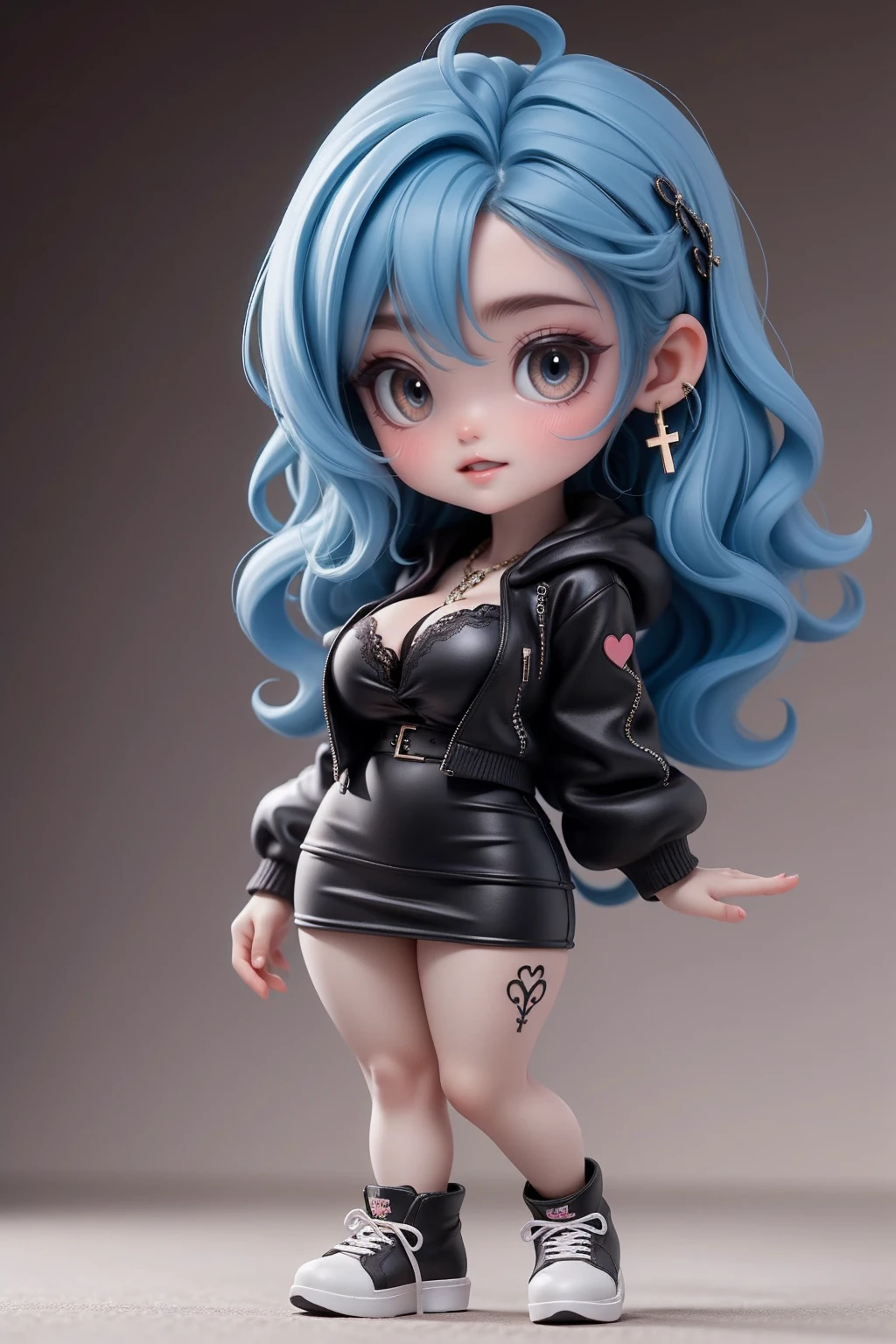 work of art, best qualityer,8K,offcial art, ultra high resolution,

1 busty girl,chibi, female , standing alone, whole body, gazing at viewer,
jewerly, aretes,
ssmile, hair blue, shorth hair, blush,
pencil skirt, booties, shorts, black shoes, black shorts, long sleeves, Black jacke, hooded cloak, cross lace shoes,
grey-eyed, teeths, wavy hair, chemise, tatoo,