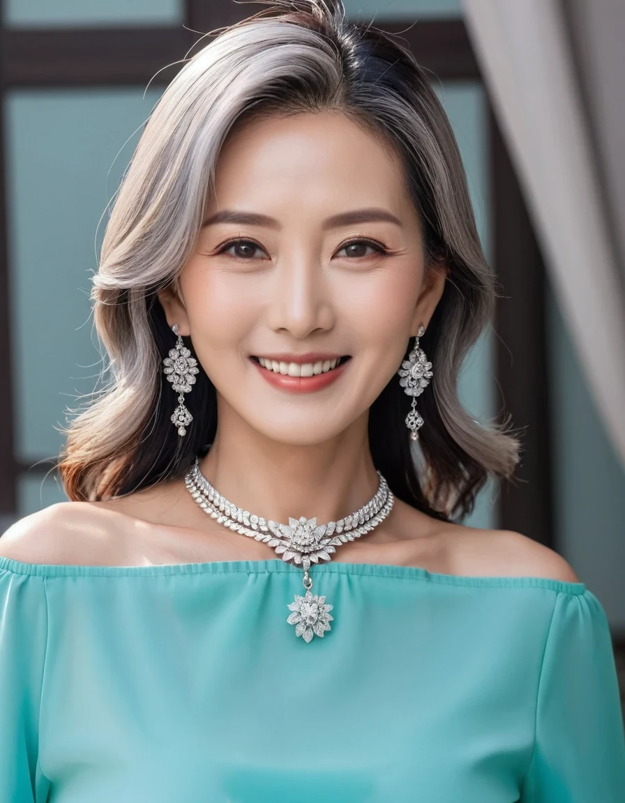 75 years old　mom　milf　Korean, Lady　large earring　Big choker　navel piercing decoration　A bracelet　Silver Hair　realisitic　Gorgeous Madame Beautiful Mature Woman　sexly　Smile　Gentle woman navel piercing　４K　High quality heavy chest　Gorgeous Madame Beautiful Mature Woman　illumination