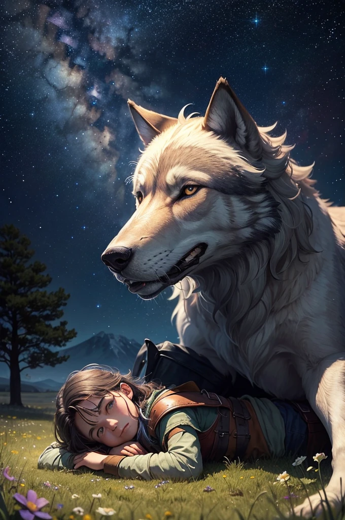 Starry sky over a beautiful meadow and a young adventurer lying next to his giant wolf while watching the stars