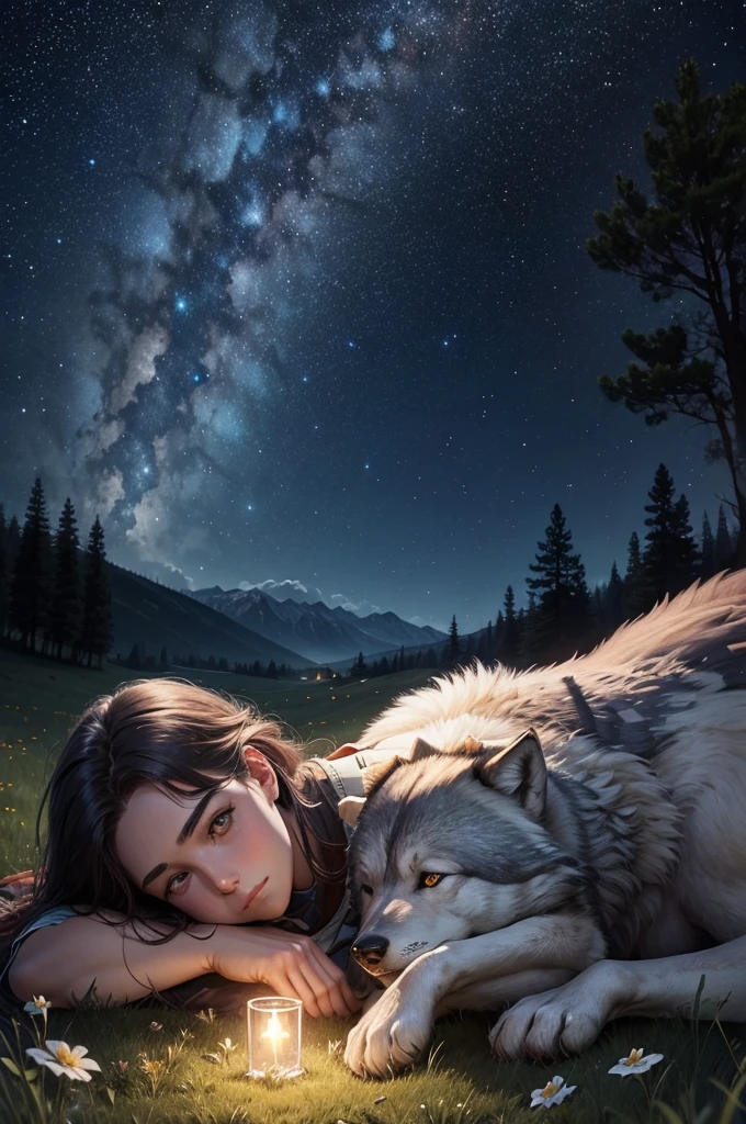 Starry sky over a beautiful meadow and a young adventurer lying next to his giant wolf while watching the stars