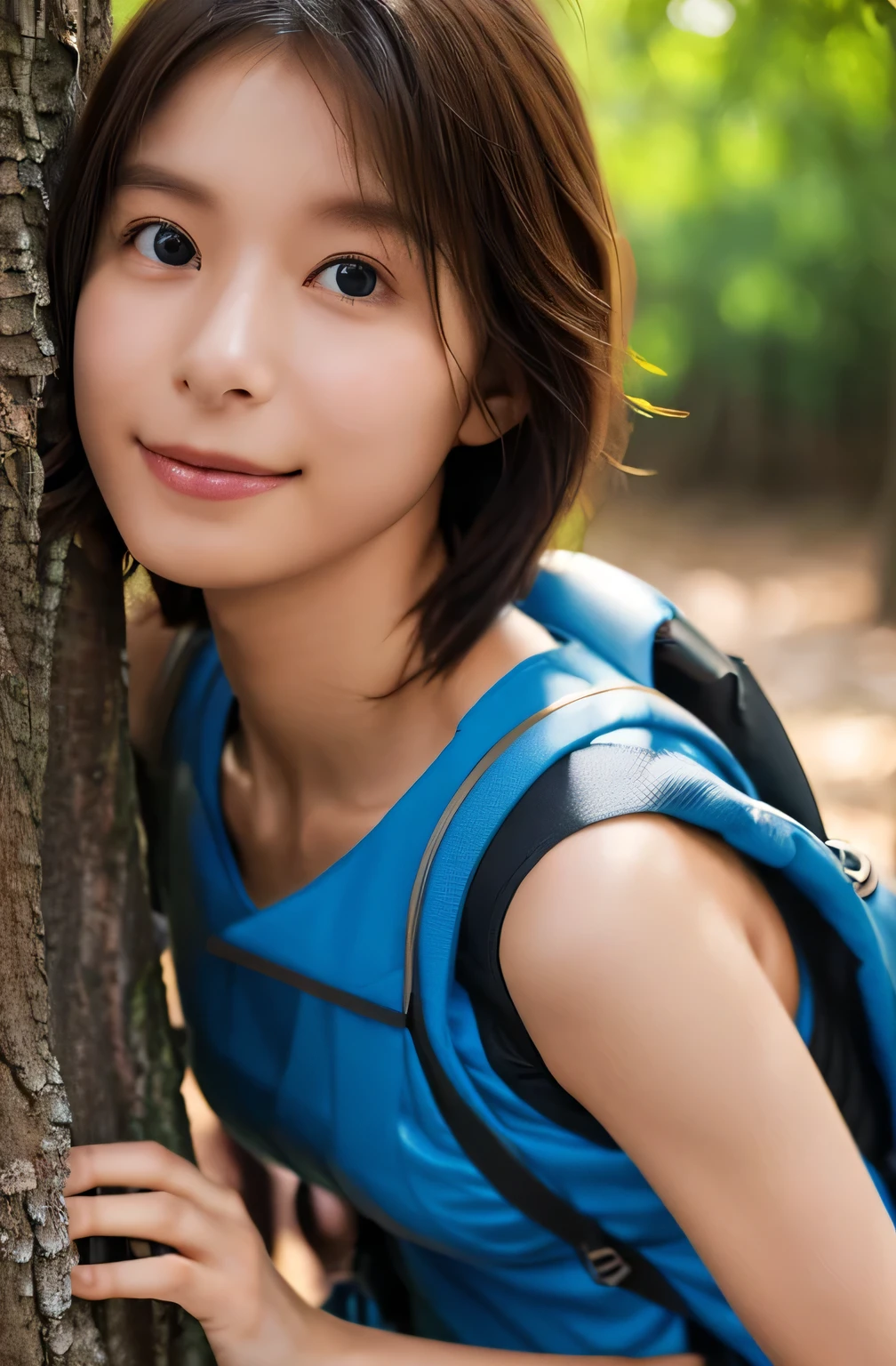 Highest quality, (Large backpack:1.3), One beautiful woman, (Touching a big tree:1.3), ((masterpiece, Highest quality, High resolution)), 1 Girl, smile, (Realistic: 1.4), (Great face and eyes:1.2), , short hair, (Beautiful Hair:1.5), Climbing Wear, The background is Yakushima, Side angle, (Skinny body type:1.3), (Flat Chest:1.3), (Mountain climbing style:1.3), (Face close-up:1.3), Smooth, Highly detailed CG composite 8K wallpaper, High resolution RAW color photos, Professional photography, Light, BackLight, dream-like, impressive, Written boundary depth