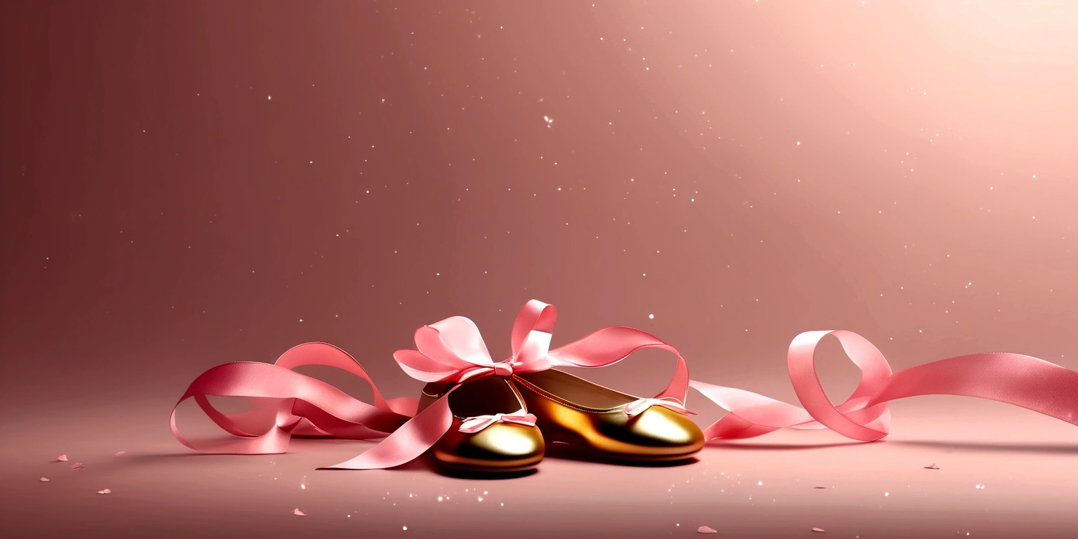 Banner graph;poster;There is a pair of small ballet shoes in the corner of the picture,Wrapped in a pink ribbon;Ribbons fill the screen;dream,mystery;Big scene;Golden pink hue。Low saturation;Background pure,Simplicity。Large blank space in the center。