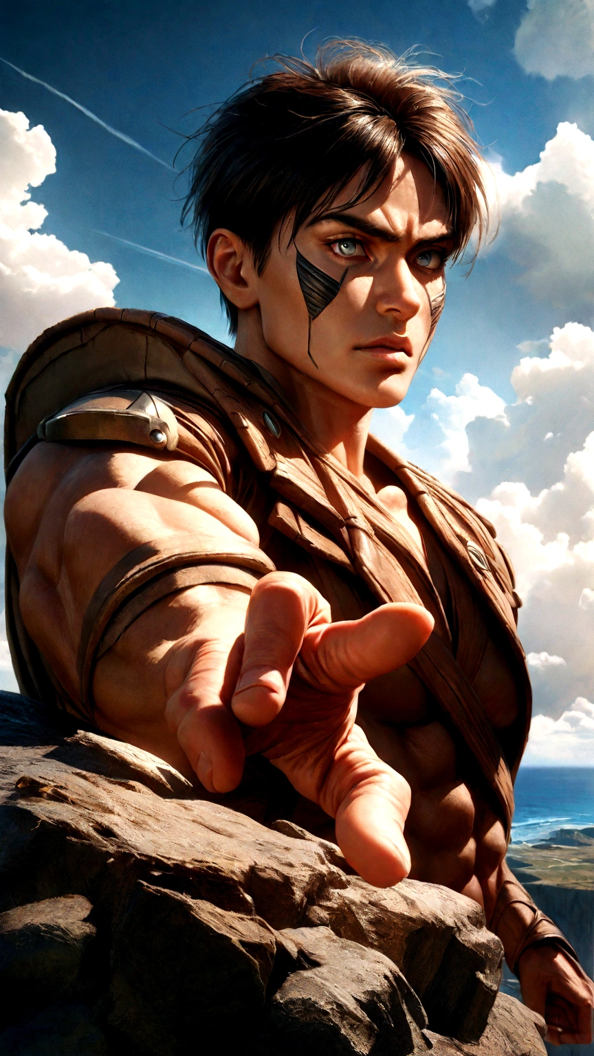 a highly detailed portrait of eren jaeger from attack on titan, standing on a cliff, looking out at the vast sea under a bright blue sky with scattered clouds, detailed facial features, intense expression, muscular physique, dynamic pose pointing towards the horizon, realistic lighting and textures, cinematic composition, 8k, ultra-detailed, photorealistic, dramatic lighting, vibrant colors