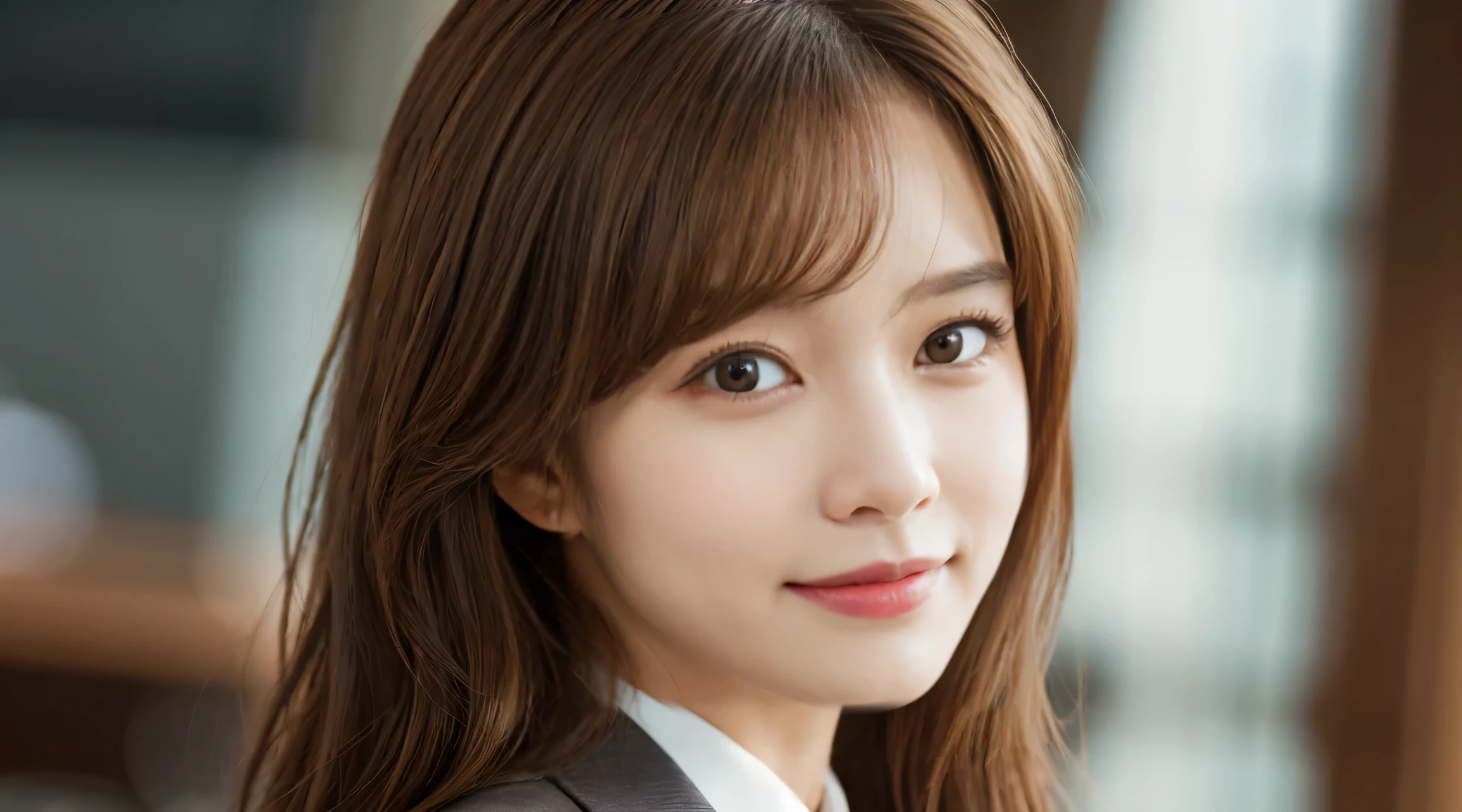 table top, highest quality, realistic, Super detailed, finely, High resolution, 8k wallpaper, 1 beautiful woman,, light brown messy hair, wearing a business suit, sharp focus, perfect dynamic composition, beautiful and detailed eyes, thin hair, Detailed realistic skin texture, smile, close-up portrait, model body shape