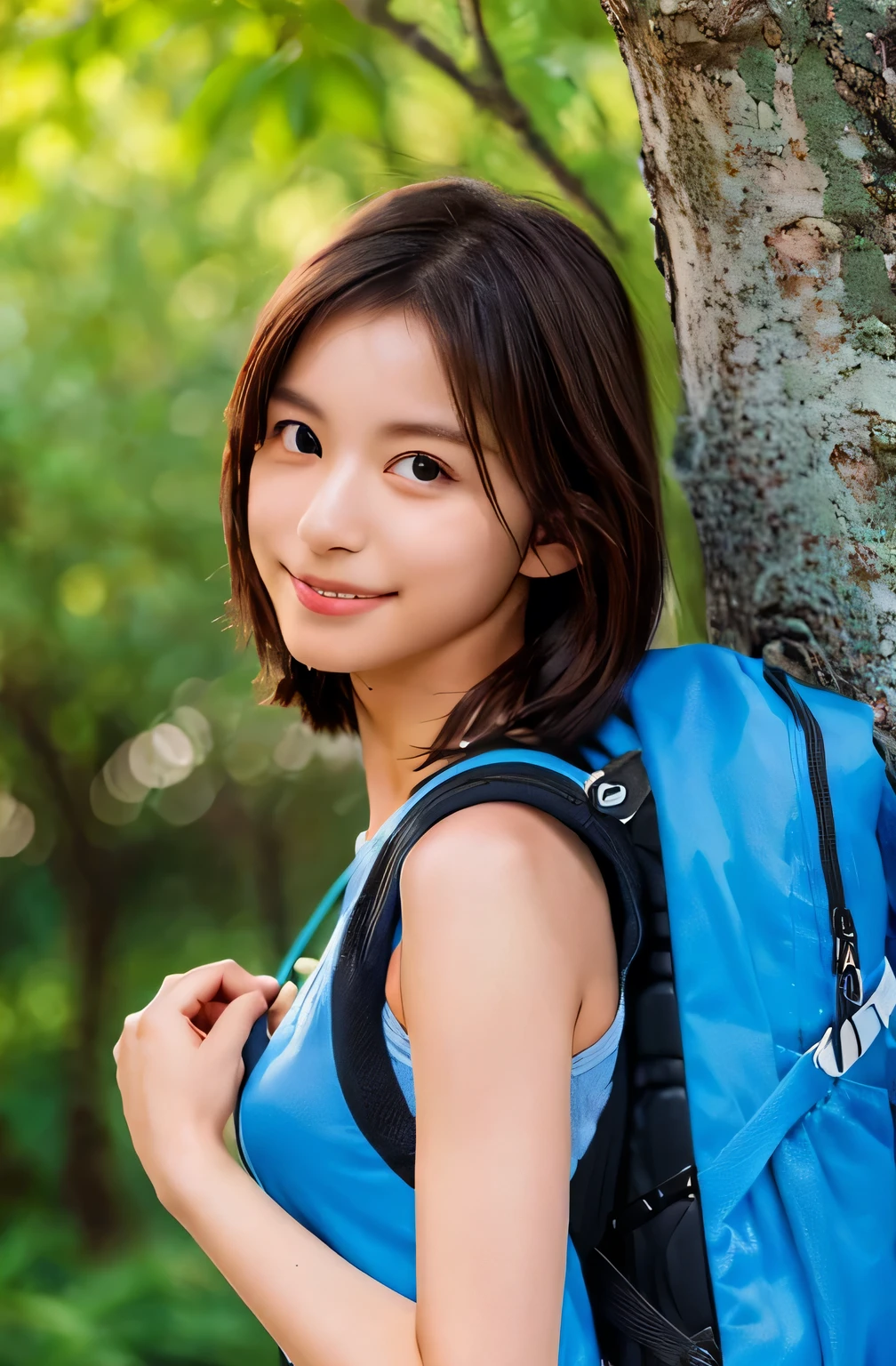 Highest quality, (Large backpack:1.3), One beautiful woman, (Touching a big tree:1.3), ((masterpiece, Highest quality, High resolution)), 1 Girl, smile, (Realistic: 1.4), (Great face and eyes:1.2), , short hair, (Beautiful Hair:1.5), Climbing Wear, The background is Yakushima, Side angle, (Skinny body type:1.3), (Flat Chest:1.3), (Mountain climbing style:1.3), (Face close-up:1.3), Smooth, Highly detailed CG composite 8K wallpaper, High resolution RAW color photos, Professional photography, Light, BackLight, dream-like, impressive, Written boundary depth