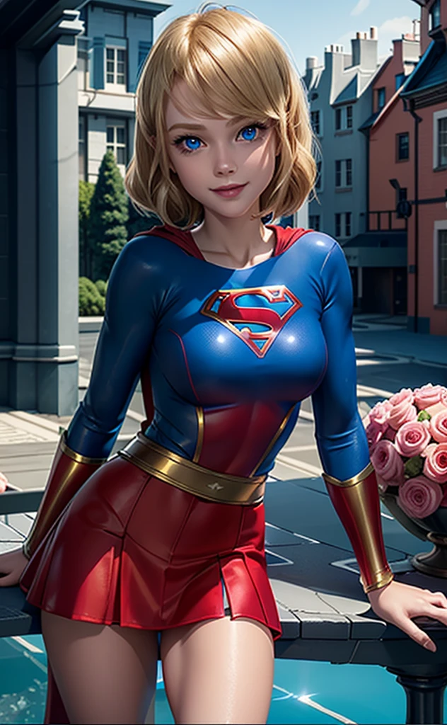 The character Supergirl, perfect blue and red costume with the traditional "S" in the chest, red cape, shiny little blue eyes, extremely beautiful blond hair, beautiful smile , perfect anatomy and extremely beautiful face, hyperrealistic face