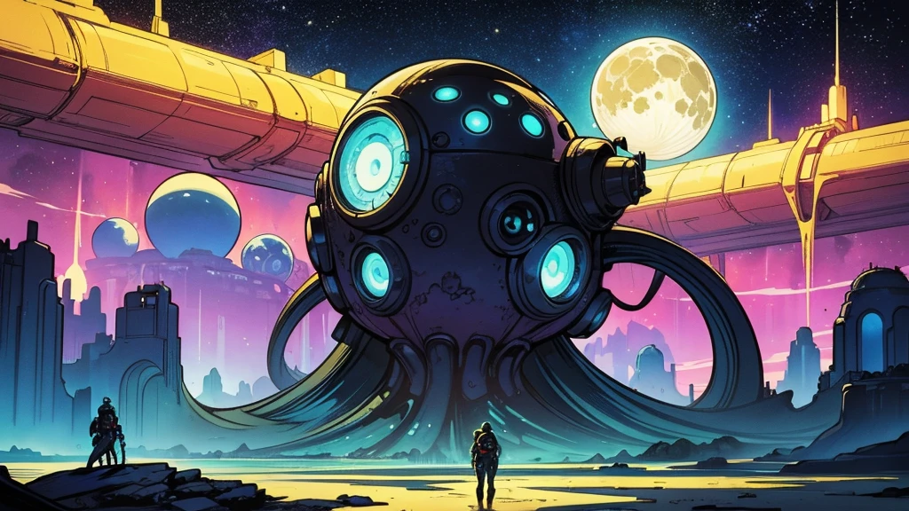 Create a dazzling alien world in the style of 1950s-70s comic book art. Use bold outlines, halftone patterns, and exaggerated perspective. Employ intense, saturated colors reminiscent of vintage four-color printing. Choose ONE of these elements:
-A gleaming futuristic city with impossible architecture and flying vehicles
-Bizarre, tentacled monsters with multiple eyes and otherworldly appendages
-A desolate, crater-filled landscape with twin moons in the sky
-Retro space girls in sleek silver suits and bubble helmets
-A massive, ring-shaped space station orbiting a technicolor planet
-Crystal formations and alien plant life in neon hues
Maintain a psychedelic, otherworldly atmosphere with swirling, colorful skies and strange celestial bodies. Emphasize the contrast between light and shadow to create a dramatic, pulp sci-fi feel.