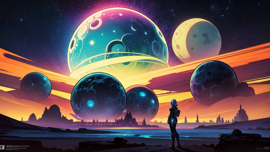 Create a dazzling alien world in the style of 1950s-70s comic book art. Use bold outlines, halftone patterns, and exaggerated perspective. Employ intense, saturated colors reminiscent of vintage four-color printing. Choose ONE of these elements:
-A gleaming futuristic city with impossible architecture and flying vehicles
-Bizarre, tentacled monsters with multiple eyes and otherworldly appendages
-A desolate, crater-filled landscape with twin moons in the sky
-Retro space girls in sleek silver suits and bubble helmets
-A massive, ring-shaped space station orbiting a technicolor planet
-Crystal formations and alien plant life in neon hues
Maintain a psychedelic, otherworldly atmosphere with swirling, colorful skies and strange celestial bodies. Emphasize the contrast between light and shadow to create a dramatic, pulp sci-fi feel.